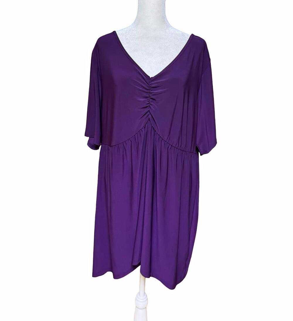 Torrid Purple Solid Babydoll Dress V-Neck Ruched Knit Stretch Short Sleeve 3